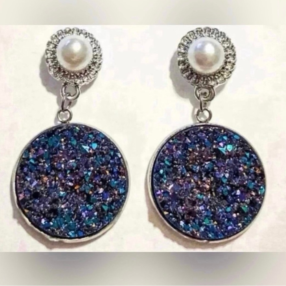 Multicolored Druzy Pearl Dangle Earrings